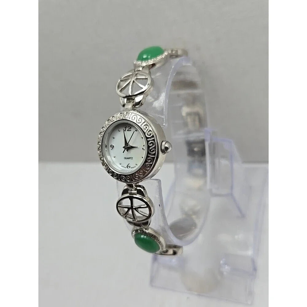 Avon Green Cabochon Oval Link Bracelet Watch Silver Tone Quartz New Battery